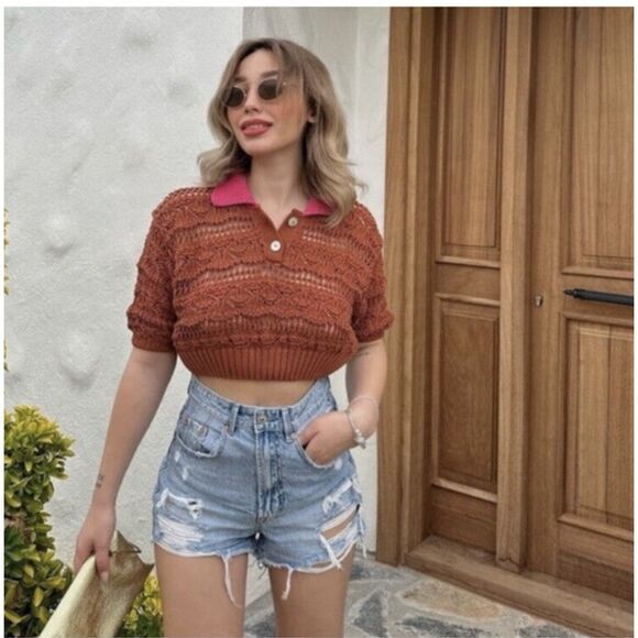 ZARA‎ POINTELLE crop top terracotta Small - Picture 1 of 5